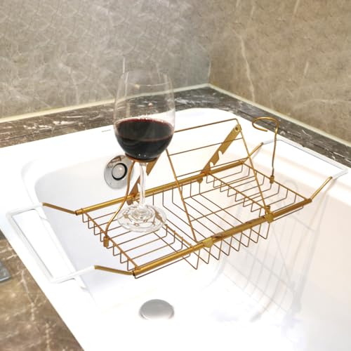 Bathtub Tray,Stainless Steel Shower Bathtub Caddy Tray with Removable Book Holder Red Wine Rack Holder, for Home Kitchen Bathroom,Gold