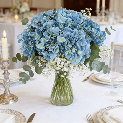 Kimura's Cabin 6pcs Hydrangea Artificial Flowers Silk Faux Hydrangeas,Blue | Hydrangea with Stems Fake Flower,Wedding Bouquets Arrangement,Home Table Centerpieces,Baby Shower Party Decor Vase Filler - color: Lake Blue