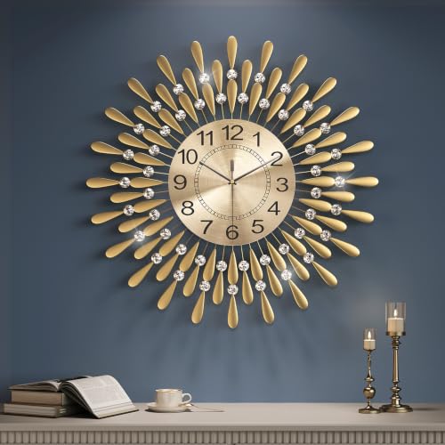 Cuspin 24 Inch Wall Clock Gold Crystal Sunburst Decorative Metal Clock | Silent non ticking, battery operated, crystal accents, brushed gold dial, easy to read Arabic numerals, modern home decor - color: Waterdrop Crystal, size: Small