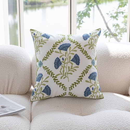 YIcabinet Pillow Covers Set of 2, Embroidered Blue Flower Pattern Throw Pillow Cover,Square Cotton Cushion,Pillow Case for Sofa Bedroom Couch,18"x18" - color: White26