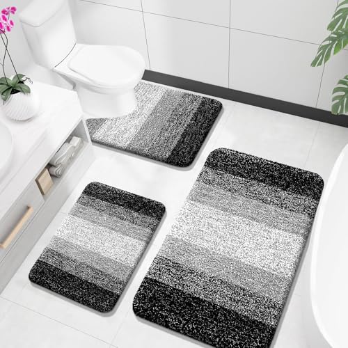 OLANLY Microfiber Bathroom Rugs Sets 3 Piece, 36"x24"+24"x16"+24"x20" | Black, Soft Absorbent Bath Mats and U-Shaped Contour Toilet Rug, Plush Shaggy Bath Mat Set for Bathroom - color: Black, size: 36" X 24" + 24" X 16" + U24" X 20"
