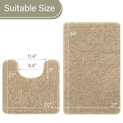 LOCHAS Bathroom Rugs Sets 2 Piece, 20''x20'' & 34''x21'', Sand Beige | Non Slip U-Shaped Toilet Rug, Chenille Washable Absorbent, Soft Bath Mat Set for Shower, Sink - color: Sand Beige