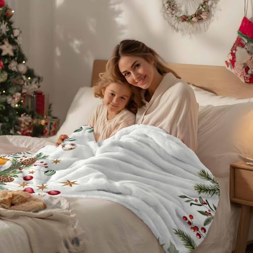 Christmas Throw Blanket, Poinsettia Balls Birds Berries Super Soft Warm Flannel Blankets for Bed Couch Sofa Xmas Winter Botanical Lightweight Fluffy Plush Bed Throws 50x60 Inch - color: White Red, size: 50''x60''