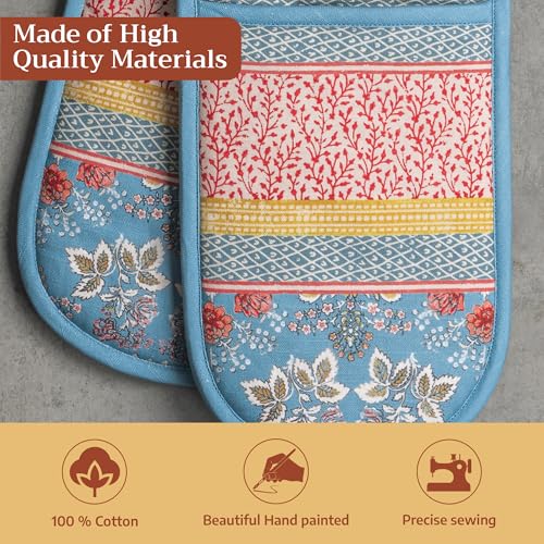 Maison d' Hermine Double Oven Mitts 100% Cotton Double Oven Glove (7"x35") | Heat Resistant BBQ Cooking Gloves with Loop Baking Grilling Kitchen Hotel Home Farmhouse Spring Summer - Marquise - color: 001 - Marquise, size: 7" x 35" (Double Oven Mitt)