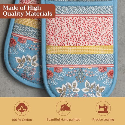 Maison d' Hermine Double Oven Mitts 100% Cotton Double Oven Glove (7"x35") | Heat Resistant BBQ Cooking Gloves with Loop Baking Grilling Kitchen Hotel Home Farmhouse Spring Summer - Marquise - color: 001 - Marquise, size: 7" x 35" (Double Oven Mitt)