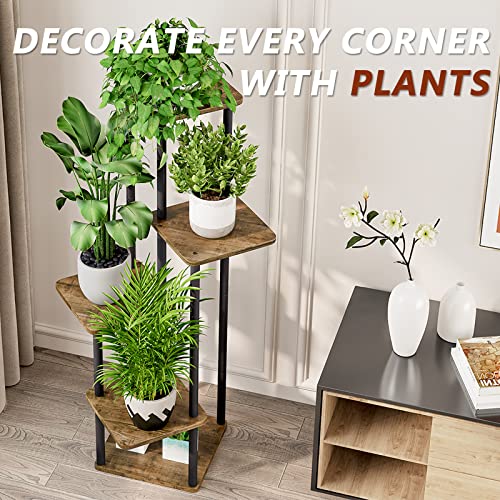 5 Tier Tall Plant Stand Indoor Corner Tiered Shelf Metal MDF Board | Sturdy Metal Frame,Space-saving Tiered Design Display Multiple Plants,Modern Style for Home,Balcony,Office Black+Rustic Brown