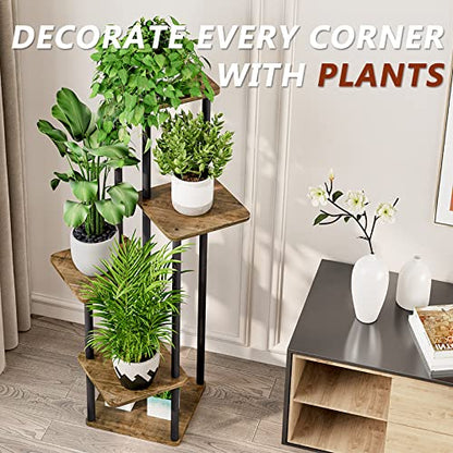 5 Tier Tall Plant Stand Indoor Corner Tiered Shelf Metal MDF Board | Sturdy Metal Frame,Space-saving Tiered Design Display Multiple Plants,Modern Style for Home,Balcony,Office Black+Rustic Brown