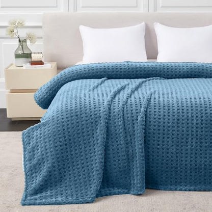 Soft Cozy Fuzzy Fleece Queen Size Blanket, Waffle Slate Blue, 90x90 Inches – Lightweight, Fluffy, and Warm 3D Jacquard All-Season Blanket for Bed, Couch, Sofa, Camping, and Travel - color: Waffle Slate Blue, size: Queen (90" x 90")