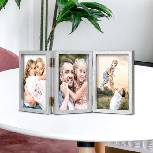 WUTL 3 Picture Frame Triple Collage 5x7 Frames with Real Glass Silver | Trifold Photo Frame, Hinged Foldable, Crystal Clear Real Glass - color: Silver, size: 5x7