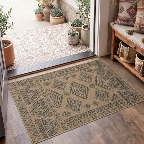 jinchan 2x3 Faux Jute Area Rug Washable Boho Entryway Rug, Natural Charcoal | Southwestern Geometric, Non-Slip, Low Pile, Indoor Outdoor, High-Traffic, Kitchen, Bathroom, Laundry Room, Porch, Balcony - color: Natural Charcoal, size: 2' x 3' (Rectangular)