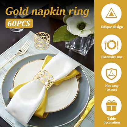 60 Pcs Gold Napkin Rings Bulk, Metal Napkin Holder Buckles, Exquisite Hollow Out Napkin Ring for Dinner Table Decoration Christmas Holiday Wedding Birthday Party Gathering