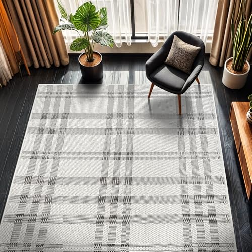 Easy Jute Rug 4x6, Indoor Outdoor Off-White Color Fiber Area Rugs for Living Room Patio and Dining Room Rug, Checkred Boho Woven Design, Easy-Cleaning, Washable Outside Carpet (4 x 6) - color: Box/Bone-black, size: 4' x 6' (Rectangular)
