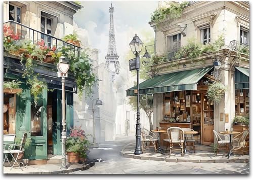Framed Street View Wall Art European Coffee Shop Canvas Print, Paris City Scene Painting, Vintage Cafe Artwork for Kitchen Dining Room Living Room, Bedroom Home Decor, Multi Size - color: Green 01, size: 36"L x 24"W