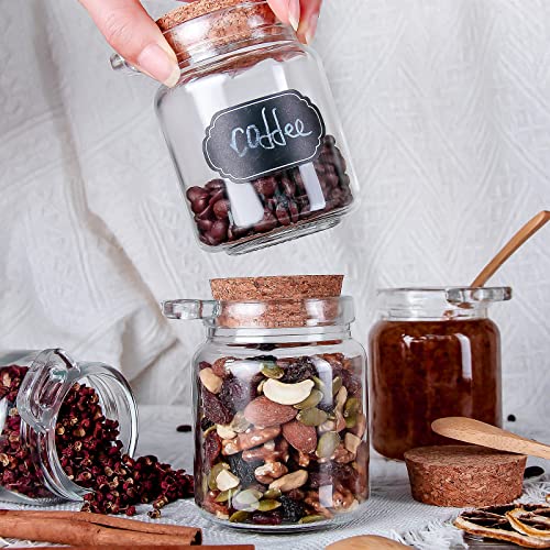YEBODA 10 oz Small Glass Storage Jars with Cork Lids and Spoons, 12 Pack | Clear jars for spices, bath salts, sugar scrubs, yogurt and DIY gifts; includes labels, marker and funnel.