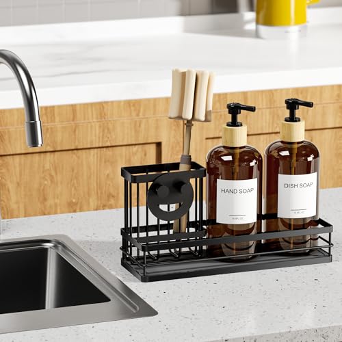 Moforoco Kitchen Dish Soap Dispenser Set, 16OZ Glass Bottle, Hand and Dish Soap Dispenser Set, Instant Dry Tray, Brush Holder with Smiley Face Sponge Holder (Black Tray+Amber Bottle+Labels) - color: Black Tray+amber Bottle+labels