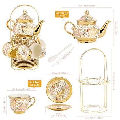 20 Pieces Porcelain Tea Set With Metal Holder, European Ceramic tea set for adults,Flower Tea Set,Tea Set For Women With Flower Painting - color: Golden
