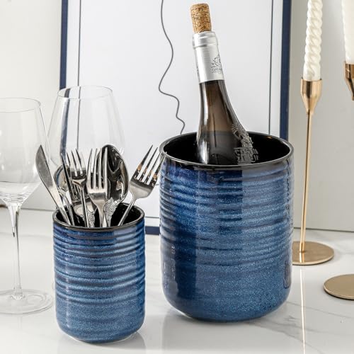 HASENSE Ceramic Utensil Holder Set of 2 (7.4"+5.5"), Modern Farmhouse Kitchen Utensil Crocks for Countertop, Blue Kitchen Tool Organizer for Spatulas, Whisks, Tongs & Cooking Tools - color: Navy Blue(2 pcs)