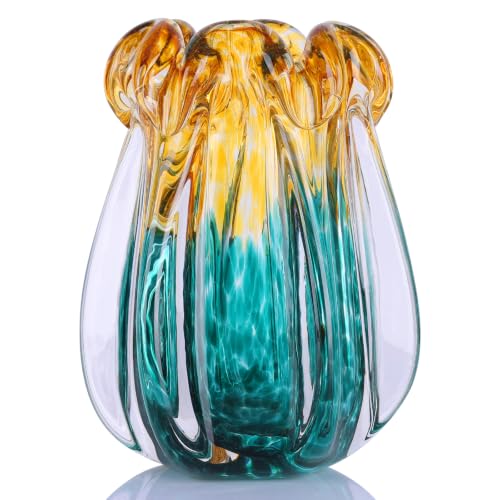 Hand Blown Glass Vase, 7.6 Inch Tall Amber and Teal Gradient Art Glass Vase with Unique Wavy Rim Design, Handmade Decorative Flower Vase for Living Room Table Centerpiece, Home Decor Gift - color: S-green