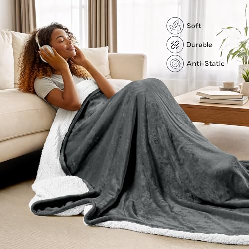 Utopia Bedding Reversible Plush Sherpa Blanket Throw Size Grey, 50x60 Inch | Soft, Warm, Fleece, Bed, Sofa, Couch, Camping, Travel, Cozy, All Season - color: Grey, size: Throw (50x60 Inch)