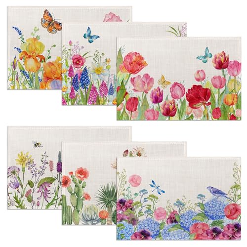 Vintage Floral Botanical Butterfly Placemats Set of 6, 12x18 Inch Waterproof Stain Resistant Linen Table Placemats Summer Seasonal Farmhouse Kitchen Party Decor Home Decor - color: Vintage Floral Botanical Butterfly