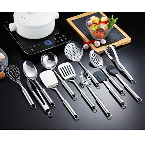 Berglander Cooking Utensil Set 12 Piece Stainless Steel Kitchen Tool Set, Include Cooking Spoon, Spatula, Whisk, Cooking Tong and etc (12 Pieces) - color: C. 12 Pieces