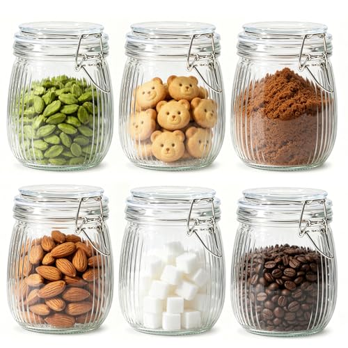 ComSaf Ribbed Glass Mason Jars with Airtight Lids 25 oz 6 Pack Coffee | Flour sugar coffee beans, Fermenting pickling, Farmhouse pantry decor, Kitchen storage, Dry food storage, Sourdough starter - size: 25oz*6-Ribbed