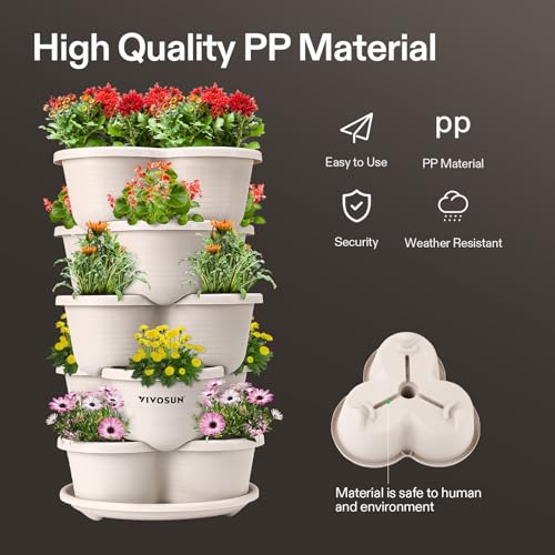 VIVOSUN 5 Tier Vertical Gardening Stackable Planter for Flowers, Ivory | Planter for Herbs, Vegetable - size: 1 Pack