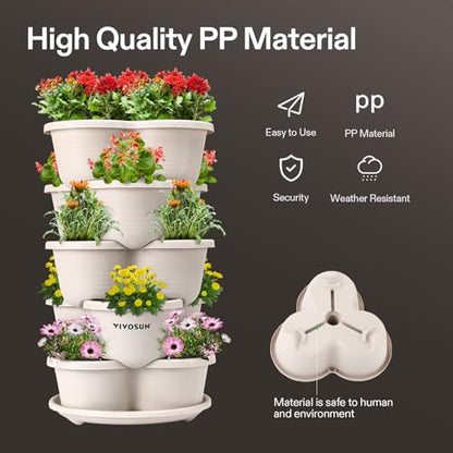 VIVOSUN 5 Tier Vertical Gardening Stackable Planter for Flowers, Ivory | Planter for Herbs, Vegetable - size: 1 Pack