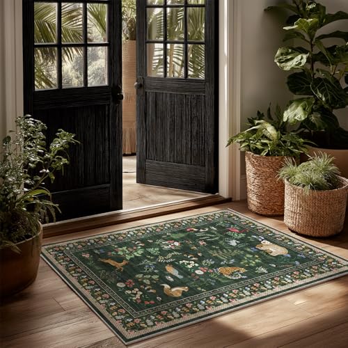 Machine Washable Throw Rugs for Entryway: Door Mat Indoor Entrance 2x3 Rug Small Area Rug Non-Slip Low Pile Soft Kitchen Rug for Front Door Indoor Entrance Entry Bedside Kids Room - color: Animal-dark Green, size: 2' x 3' (Rectangular)