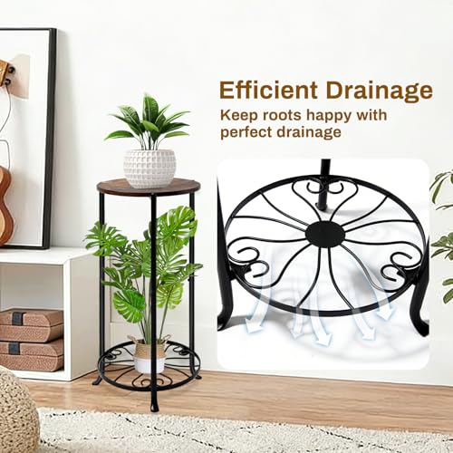 Plant Stand Indoor, 2-Tier Tall Wood & Iron Plant Stand, Heavy Duty Floor Plant Shelf Plant Rack for Patio Living Room Balcony Home Decor