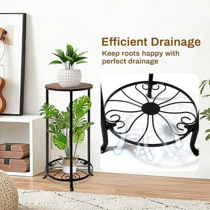 Plant Stand Indoor, 2-Tier Tall Wood & Iron Plant Stand, Heavy Duty Floor Plant Shelf Plant Rack for Patio Living Room Balcony Home Decor