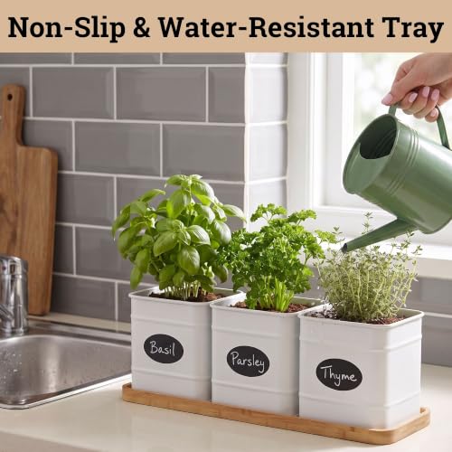 Herb Planter Indoor, 3-pc Herb Pots w/ Drainage Holes, Bamboo Tray & Labels | Iron Herb Pots, Varnished Bamboo Tray with Anti-Skid Base, Customizable Oval Sticker and Stick Labels & Chalkboard Marker Pen - color: White