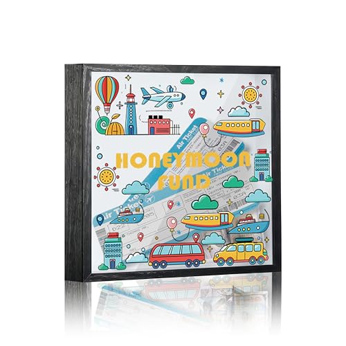 Honeymoon Fund Box, 8×8 Wedding Shadow Box Frame with Slot, Colorful Cartoon Wedding Money Saving Decoration for Reception Bridal Shower, Travel Fund Memory Keepsake Gift for Newlyweds -A01 - size: 8×8 colorful cartoon