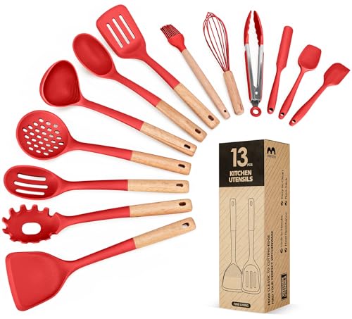 Kitchen Utensils Set, 13PCS Silicone Cooking Utensils, Heat Resistant Kitchen Utensil Spatula Set for Nonstick Cookware, Wooden Handles Kitchen Gadgets Tools Set (RED) - color: Red