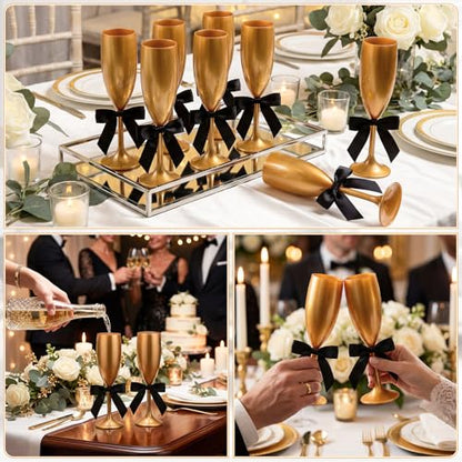 Zopeal Plastic Reusable Champagne Flute Glasses 6 oz and 50 Pcs Bow Set Acrylic Wedding Toasting Goblet 3.5" Bow Unbreakable Wine Cup for Bachelorette Bridal Shower Party(Gold and Black) - color: Gold and Black