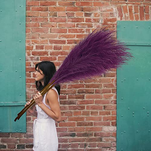 Artificial Faux Pampas Grass Large, 47"/120cm Bundle of 3 Fake Artificial Pampas Grass Tall Fluffy Stems, Floor Vase Filler for Living Room Kitchen Boho Decor Wedding - Dark Purple - color: Darkpurple, size: 120cm / 3 Pcs