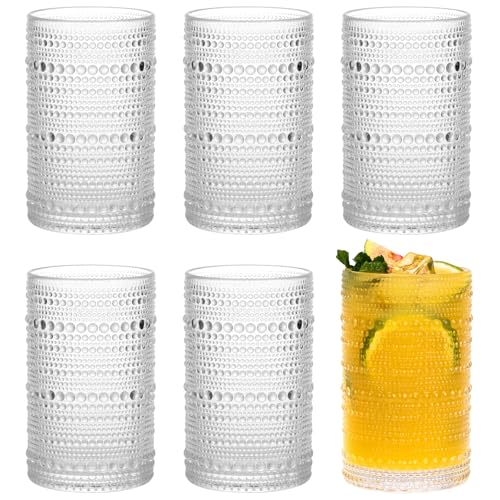 Moretoes Vintage Glassware, 12 Oz Hobnail Drinking Glasses Set of 6 | Clear Embossed Boho Water Glass Cups Kitchen Bar Tumbler for Whiskey, Beer, Juice, Milk and Various Mixed Drinks - color: Clear, size: 6pcs