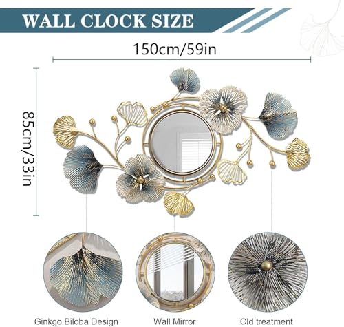 Metal Wall Mirrors Decor, 59" x33” Large Ginkgo Leaf Wall Art | Decorative Wall-Mounted Mirror, 3D Creative Modern Ginkgo Leaves Flower Big Wall Hanging Mirror, for Living Room (59X33 Inch)