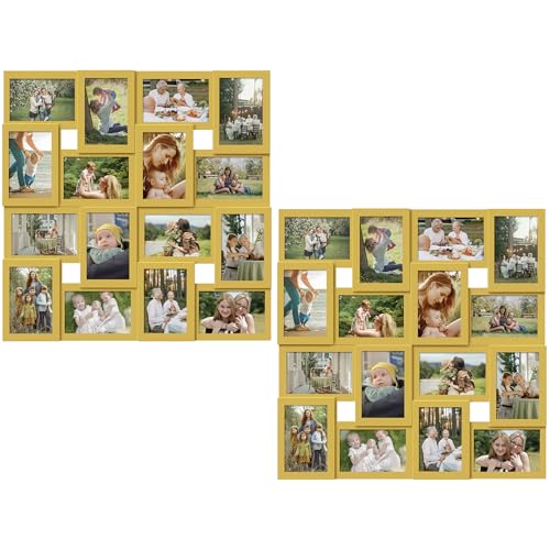 J.M.Deco 2 Pack - 16 Opening Picture Frames Collage Wall Decor, for 4x6 Photo Frame, One-Piece, with Metal Hooks -Golden - color: Golden * Square