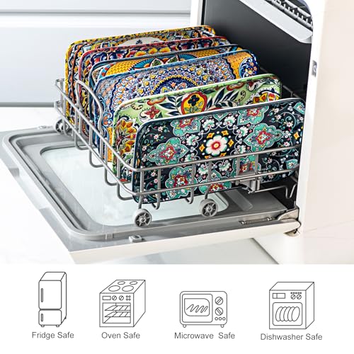 Boho Ceramic Rectangular Serving Plates Set of 6, 10 Inch Dinner Plates | Assorted Patterns, Ideal for Sushi, Salad, Appetizers, Bread & Side Dishes, Microwave & Dishwasher Safe - size: 10 Inch
