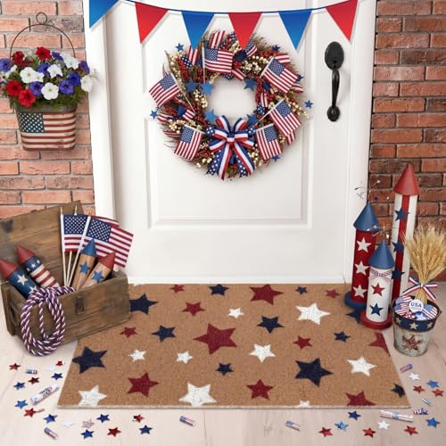 Duraaamo Patriotic Doormats 4th of July Outdoor Mats 250 Anniversary Independence Day Welcome Non Slip Memorial National Day Blue Red White Stars Floor Mats for Front Porch Entryway Decor - style: Star