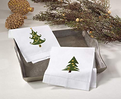 Saro Lifestyle Christmas Tree Embroidery Design Hemstitched Linen Cotton Guest Towel (Set of 4), White, 14"x22" - color: Christmas Tree 1
