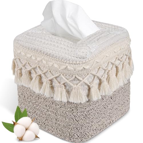 Boho Tissue Box Cover: Natural Handwoven Square Cover for Bathroom | Open-Bottom Design with Tassel, For Kitchen, Tabletops, Home & Office, Farmhouse Decor - color: Tassel Ivory/Taupe