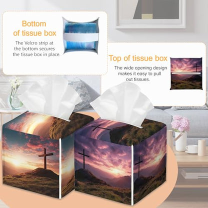 Cross 2 Pcs Tissue Box Cover Square, Mountain Tissue Box Holder Waterproof Leather Facial Paper Organizer Dispenser for Bathroom Home Car Nightstand - color: Cross