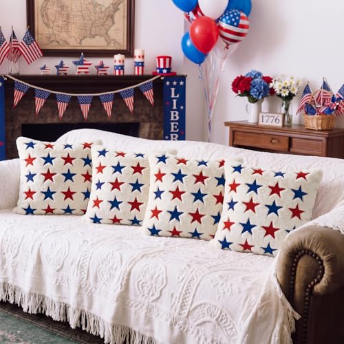 Tiamon 4 Pcs Patriotic 4th of July Throw Pillow Covers 18 x 18 Inch USA Flag American Plush 3D Embroidered Pillow Cases Red White Blue Stars Cushion Covers for Independence Day Decor Sofa Bed Home - style: Patriotic Star