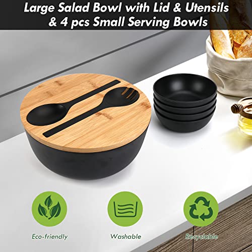 ShineMe Salad Bowls, Large Salad Bowl with Lid and Servers, Bamboo Salad Bowl Set with 4Pack Small Serving Bowls, 9.8inches Solid Kitchen Bowl for Fruits, Vegetables and Pasta...(Black) - color: black with utensils