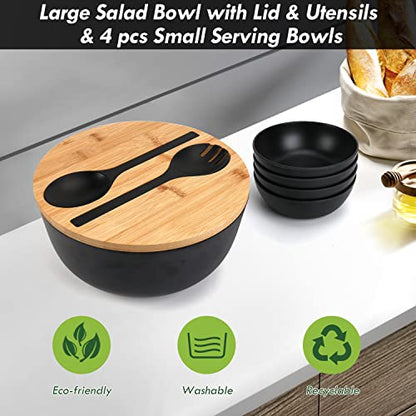 ShineMe Salad Bowls, Large Salad Bowl with Lid and Servers, Bamboo Salad Bowl Set with 4Pack Small Serving Bowls, 9.8inches Solid Kitchen Bowl for Fruits, Vegetables and Pasta...(Black) - color: black with utensils