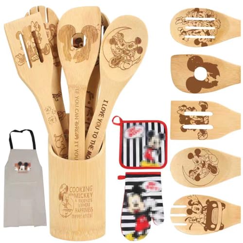 Wooden Spoon for Cooking- Wooden Spoons Bamboo Utensils Set Kitchen Decoration- Fun and Stylish Kitchen Accessory with Cute Apron Oven Mitt Potholder- Best Kitchen Gifts for Women (Red) - color: Red