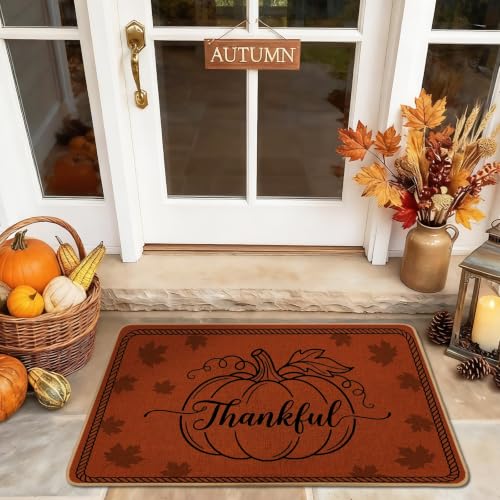 Pumpkins Welcome Door Mat, Seasonal Rustic Thankful Leaves Autumn Orange Rubber Non-Slip Decorative Doormat for Home Indoor Outdoor Entryway Porch Decor 29x17 Inch