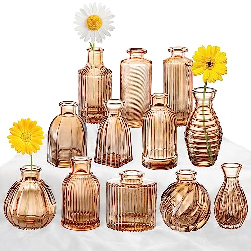 Bud Vases Set of 12, Amber Glass Bud Vase in Bulk for Decor | Small Glass Vases Modern Ribbed Amber Vase Flower Vase for Vintage Boho Wedding Centerpieces Rustic Home Table Decoration - color: Amber, size: 1 Pack